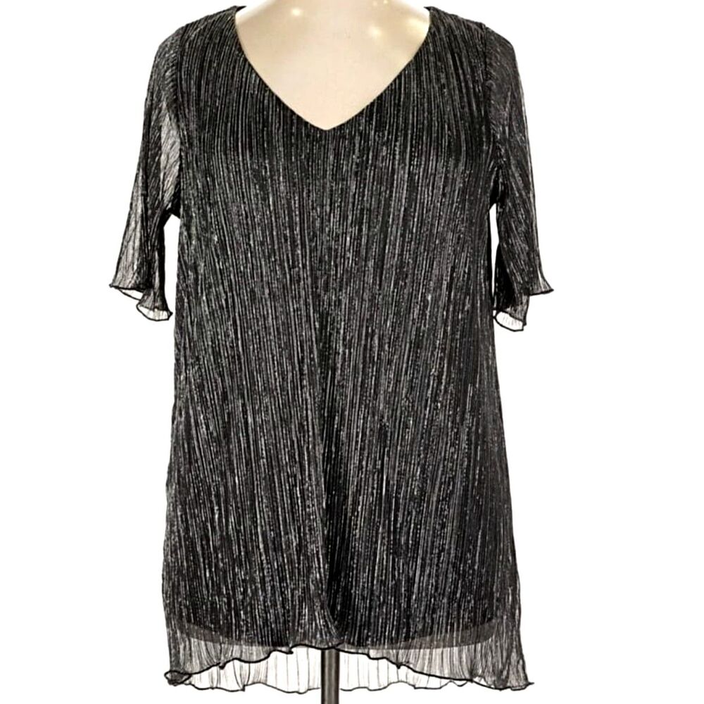 Evans Black Metallic Top Size 18 UK/14 US | Shimmer Short Sleeve Blouse NWT